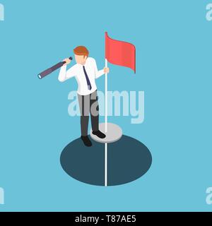 Flat 3d isometric businessman standing on pole with telescope come up from the hole. Business vision concept. Stock Vector