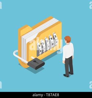 Flat 3d isometric businessman standing with folder with lock. Data security concept. Stock Vector