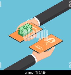 Flat 3d isometric businessman transfering money through online banking by their smartphone. Online banking and tranfers money concept. Stock Vector