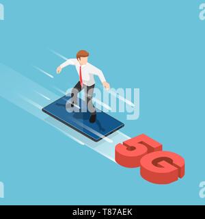 Flat 3d isometric businessman use smartphone to surfing on the 5G signal. 5G network wireless technology concept. Stock Vector