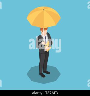 Flat 3d isometric businessman with umbrella and document file in his hand. Business protection and insurance agent concept. Stock Vector