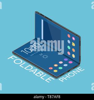 Flat 3d isometric foldable smartphone that display is flexible to bend. Business and technology concept. Stock Vector