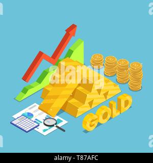 Flat 3d isometric gold bar with rising stock market graph, dollar coins, financial document. Gold investment concept. Stock Vector