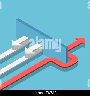 Flat 3d isometric red arrow find the way through the wall to success. Business solution concept. Stock Vector