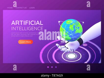 3d isometric web banner ai robotic hand holding virtual digital world. Artificial intelligence and technology landing page concept. Stock Vector