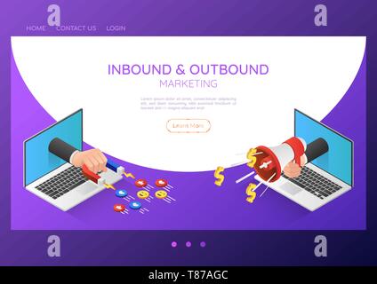3d isometric web banner businessman hand come out from laptop monitor with magnet and megaphone. Inbound and outbound marketing landing page concept. Stock Vector