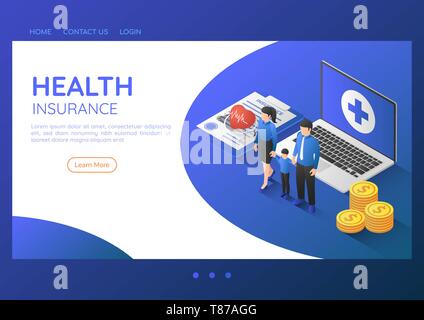 3d isometric web banner family standing with stethoscope on health insurance document and laptop. Health insurance and family health care landing page Stock Vector