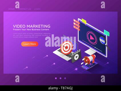 3d isometric web banner online video content marketing advertising on pc smartphone laptop. Video marketing landing page concept. Stock Vector