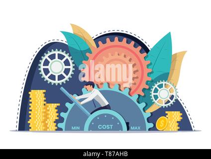 Businessman setting cost lever on minimum position. Cost reduction and financial management concept. Stock Vector