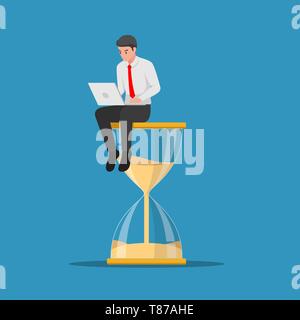 Businessman working with laptop sitting on big hourglass. Time management and deadline concept Stock Vector