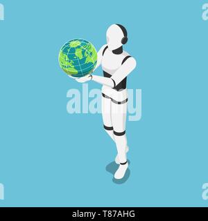 Flat 3d isometric Ai robot holding the world or earth globe. Artificial technology change the world concept. Stock Vector