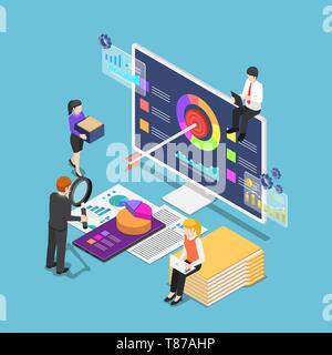 Flat 3d isometric business people analyzing business statistics on computer smartphone and document. Business data analysis concept. Stock Vector