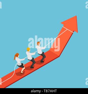 Flat 3d isometric business team pull red arrow graph up. Teamwork and business growth concept. Stock Vector