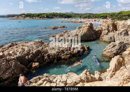 Italy, Sardinia, Nuoro Province, Orosei, Cala Liberotto, couple snorkeling Stock Photo