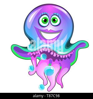 Cute smiling jellyfish isolated on white background. Vector cartoon close-up illustration. Stock Vector