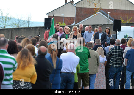 Sinn Fein Deputy Leader Michelle O'Neill MLA addresses marchers, in the City Cemetery, Derry, Northern Ireland, at the annual Sinn Fein Easter Commemoration of the 1916 Easter Rising.©George Sweeney / Alamy Stock Photo