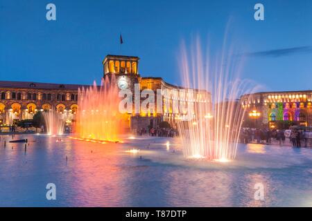 Armenia, Yerevan, Republic Square, dancing fountains, dusk Stock Photo