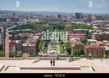 Armenia, Yerevan, The Cascade, high angle view of city skyline with visitors Stock Photo