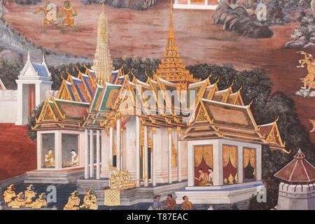 Thailand, Bangkok, Ko Ratanakosin Area, Wat Phra Kaew, Temple of the Golden Buddha, detail of the Ramakan Murals Stock Photo