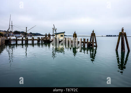 A calm morning along the dock in Bodega Bay California Stock Photo