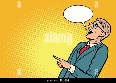 the man points and laughs. Comic cartoon pop art vector retro vintage drawing Stock Vector