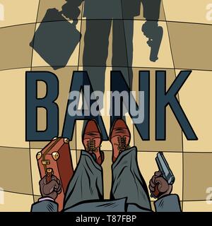 armed Bank robbery. shadow floor silhouette. Comic cartoon pop art retro drawing illustration Stock Vector