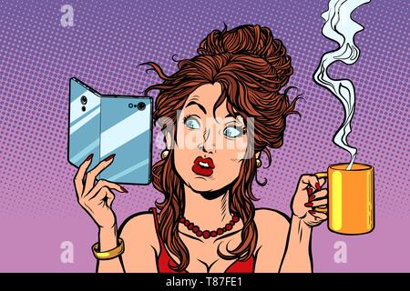 Woman drinking coffee or tea. A smartphone with a foldable flexible display. Comic cartoon pop art retro drawing illustration Stock Vector