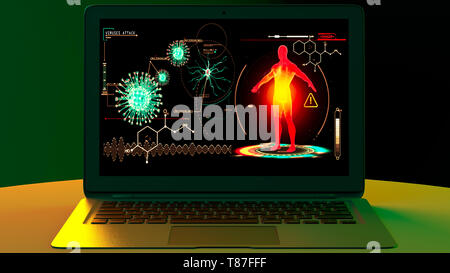 Human body attacked by viruses, scientific research. Genetic experimentation. Data reprocessing. Study program to eradicate the virus. Laptop Stock Photo