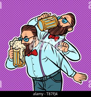 hipster drinking a mug of beer. Comic cartoon pop art retro drawing illustration Stock Vector