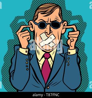 man blind dumb deaf censorship. Comic cartoon pop art retro drawing illustration Stock Vector