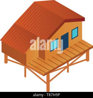 Ski resort wood cabin icon. Isometric of ski resort wood cabin vector icon for web design isolated on white background Stock Vector