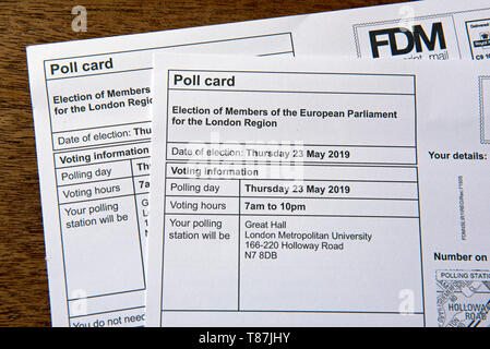 Two Pole Cards for the European Parliament elections on 23rd May 2019, London Region UK Stock Photo