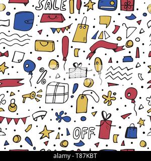 Seamless pattern of sale phrases and objects for promotion banners. Endless background promo items and inscriptions in doodle style. Vector illustrati Stock Vector
