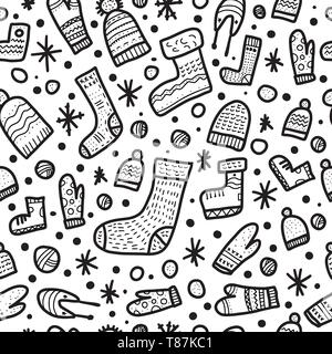 Seamless pattern of warm socks, beanies, gloves. Endless background in doodle style. Vector illustration. Stock Vector