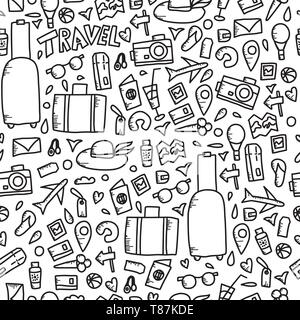 Seamless pattern of travel symbols in doodle style. Hand drawn vector trip black and white design elements endless background. Sketch illustration. Stock Vector