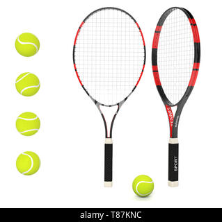 Tennis rackets with yellow balls. 3d rendering illustration isolated on white background Stock Photo