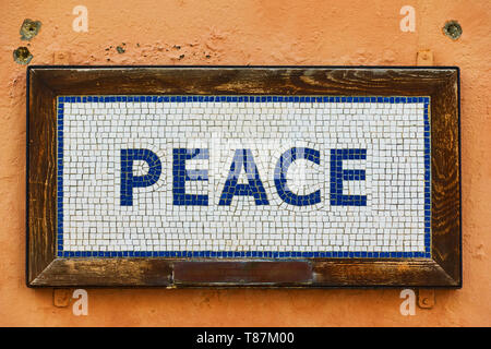 Nicosia, Cyprus - January 25, 2019: Peace sign close-up at the Border Checkpoint Ledra on the Green Line in Nicosia Stock Photo