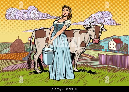 village woman with a bucket of cow milk. farm landscape. Pop art retro vector illustration kitsch vintage Stock Vector