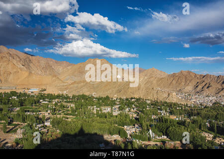 Beautiful view of Leh city and green Indus valley, Ladakh, India. Stock Photo