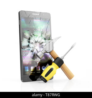 Mobile Service and Repair Concept. Modern Black Touchscreen Smart Phone with Broken Screen and Repair Symbol: Screwdriver with a Claw Hammer isolated  Stock Photo