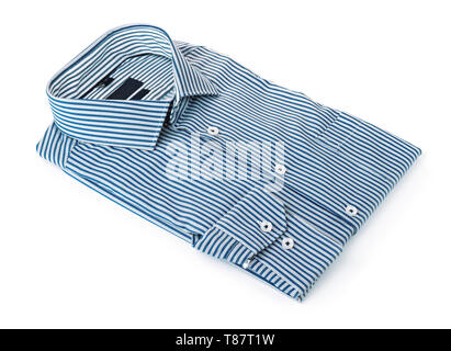Blue folded mens striped  cotton shirt isolated on white Stock Photo