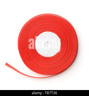 Top view of rolled red ribbon  isolated on white Stock Photo