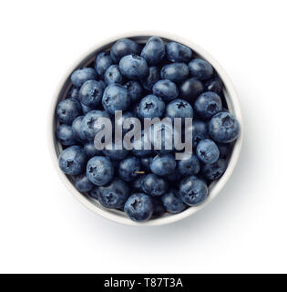 Top view of fresh ripe blueberries in bowl isolated on white Stock Photo