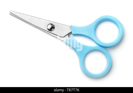 Side view of blue small scissors isolated on white Stock Photo