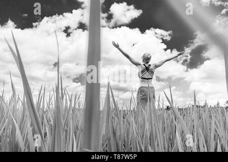 Relaxed healthy sporty woman, arms rised to the sky, enjoying pure nature at beautiful green rice fields on Bali. Stock Photo