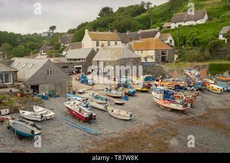 Traditional fishing boats on the beach of the small fishing village of Cadgwith,Cornwall, England,UK. Fishermen still push their boats down the beach. Stock Photo