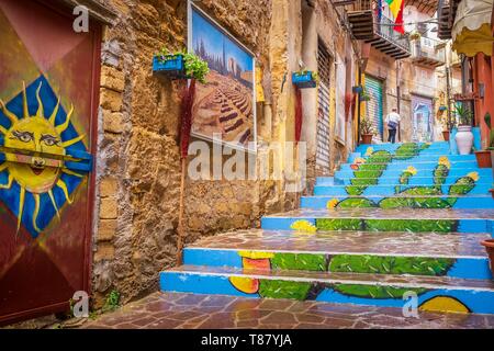 Italy, Sicily, Agrigento, historic centre, street art by the association Culturart Stock Photo