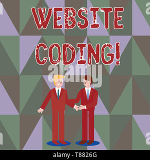 Writing note showing Website Coding. Business concept for system of symbols and rules used to represent instructions Businessmen Smiling and Greeting  Stock Photo