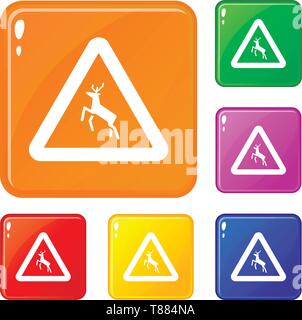 Deer traffic warning sign icons set vector color Stock Vector
