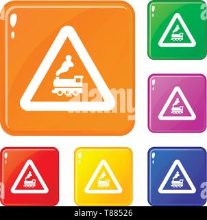 Warning sign railway crossing without barrier icons set vector color Stock Vector